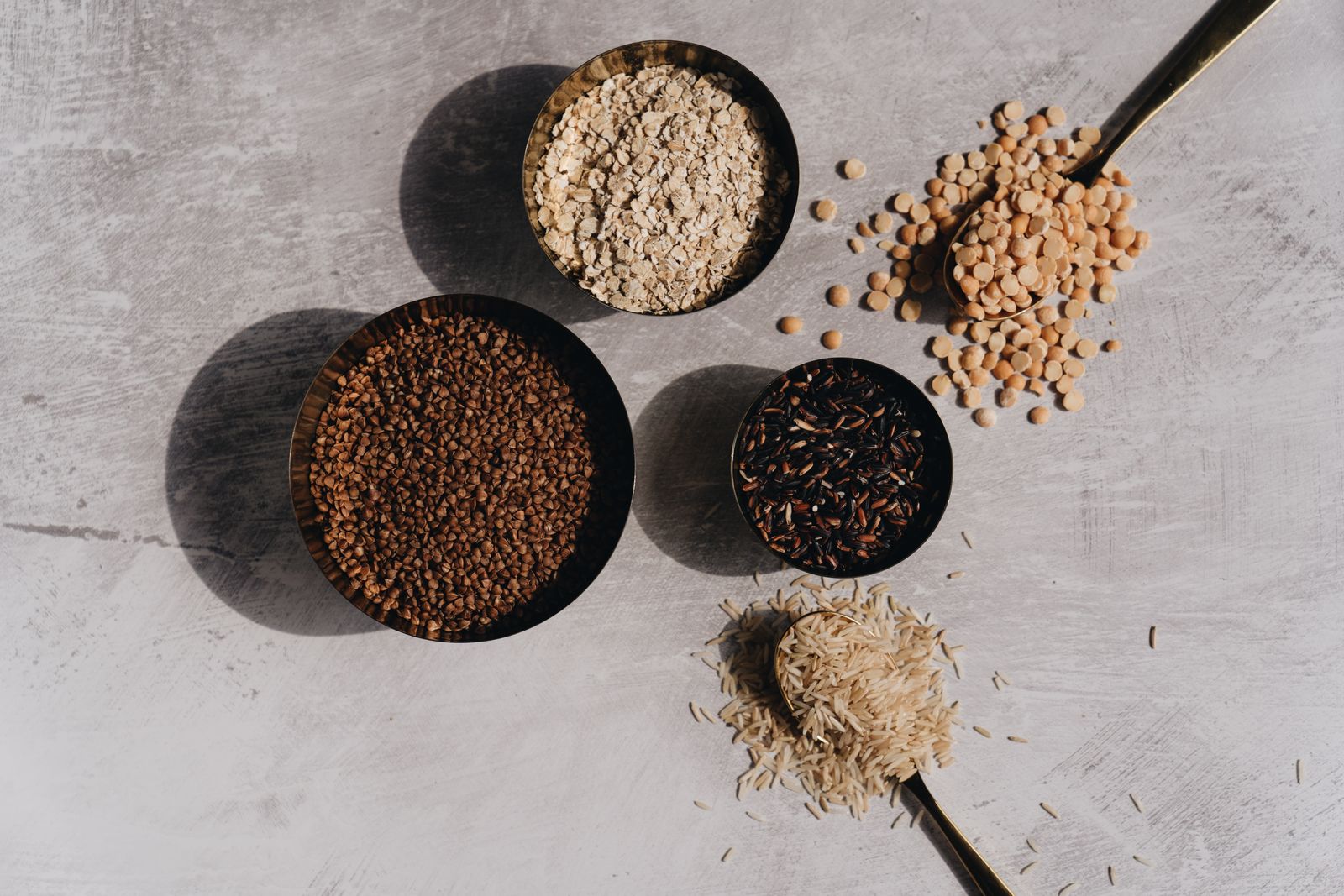 Grains and pulses arranged in bowls